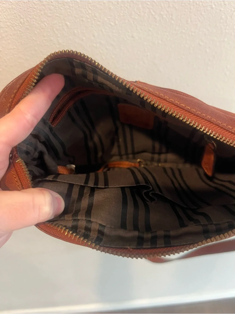 Frye Tan Leather Messenger Bag with Brass Hardware